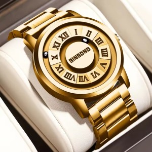 BINBOND Luxury Watch Men Creative Scrolling Pointer Magnetic Force(Gold)